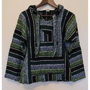 Mexican Southwest‎ Baja Chunky Poncho Hoodie Hippie Festival Drug Rug Size Small
